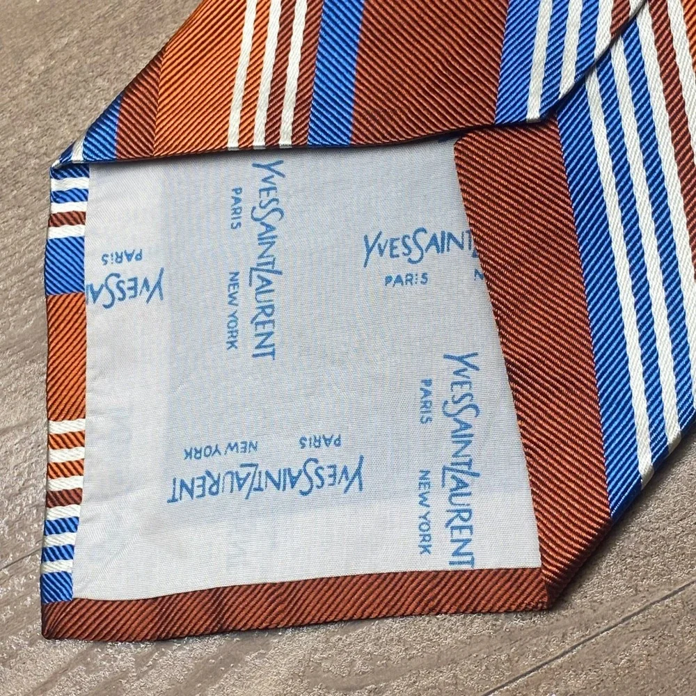 Vintage 1970s Yves Saint Laurent YSL Silk Tie Mens Orange Blue Striped USA NEW